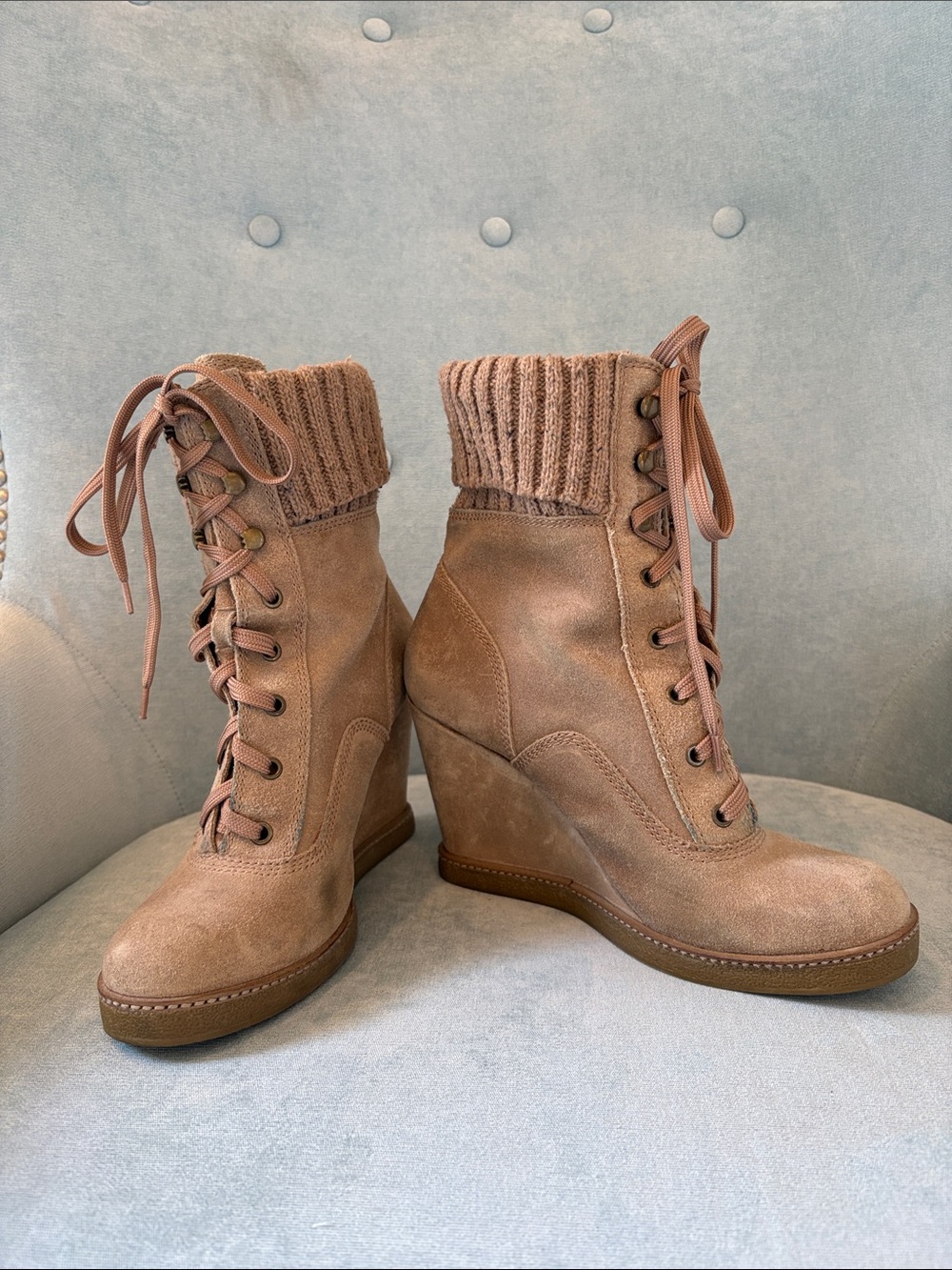 Aldo Suede Tan Wedge Lace-Up Ankle Booties with Knit Cuff size 10 (41)
